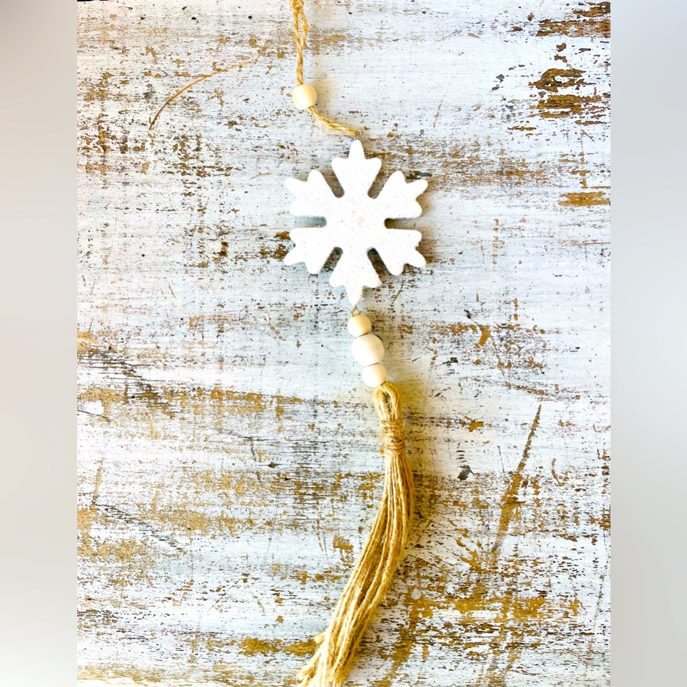 *Glittered White Snowflake Beaded Wood Ornament With Tassel